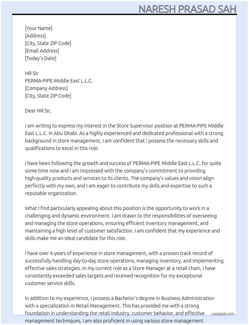 Store supervisor At PERMA-PIPE Middle East L.L.C. - Abu Dhabi Cover Letter