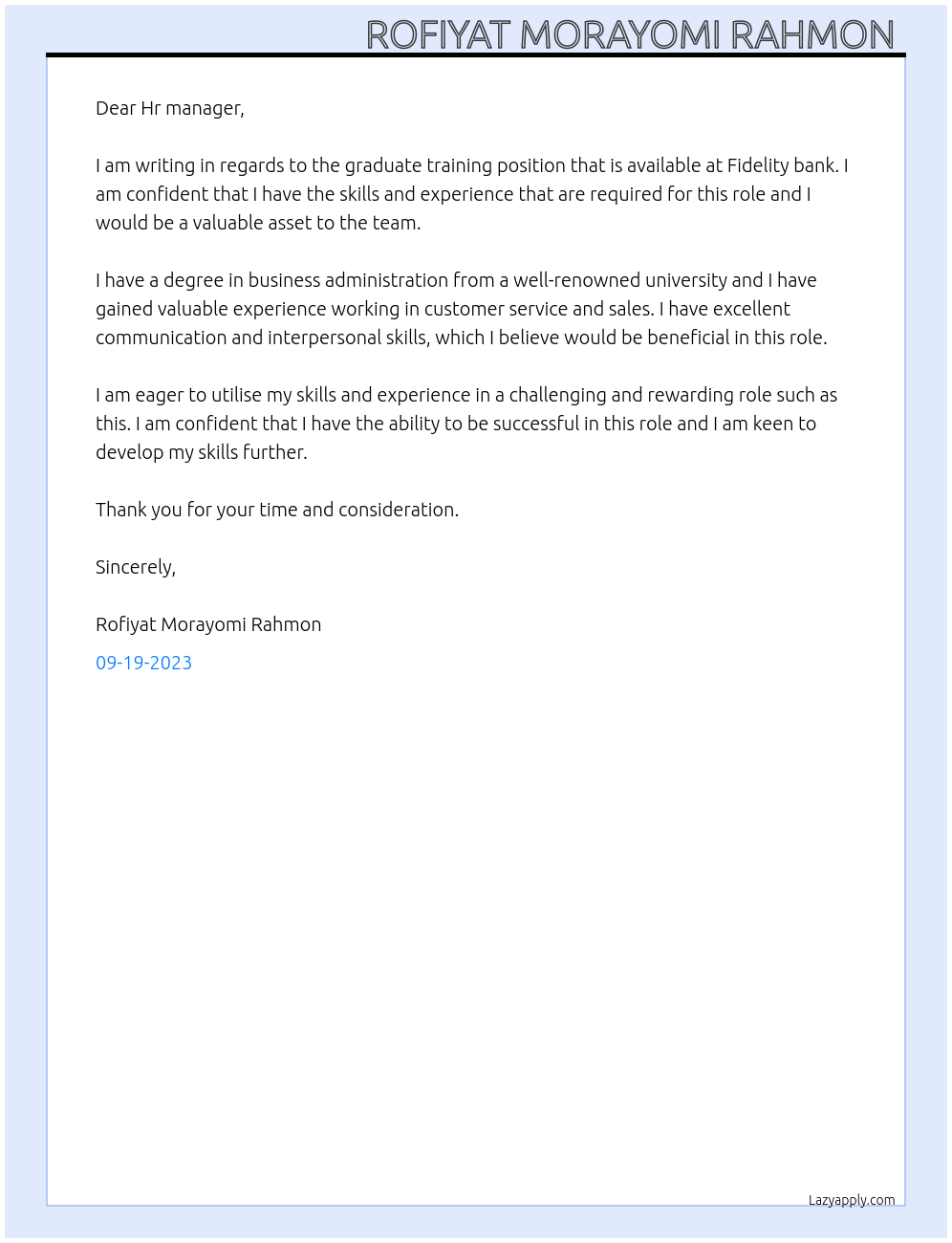 Graduate training  At Fidelity bank Cover Letter