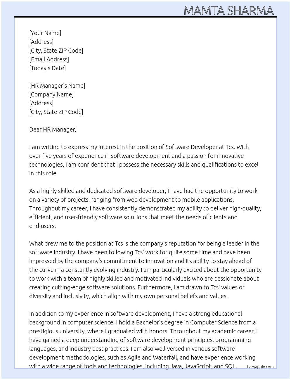 software At Tcs Cover Letter