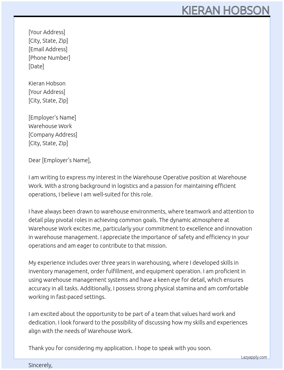 warehouse operative  At warehouse work Cover Letter