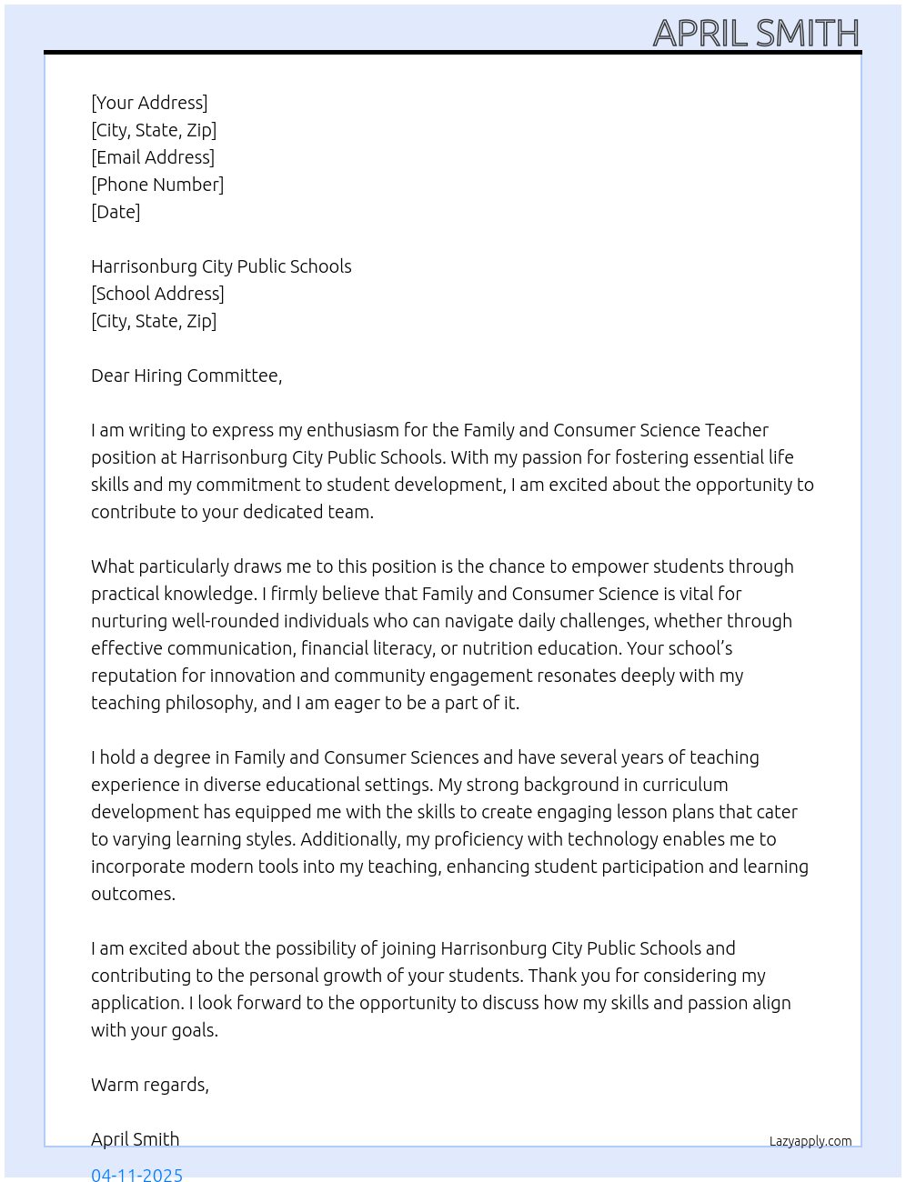 Family and Consumer Science Teacher At Family and Consumer Science Teacher Cover Letter