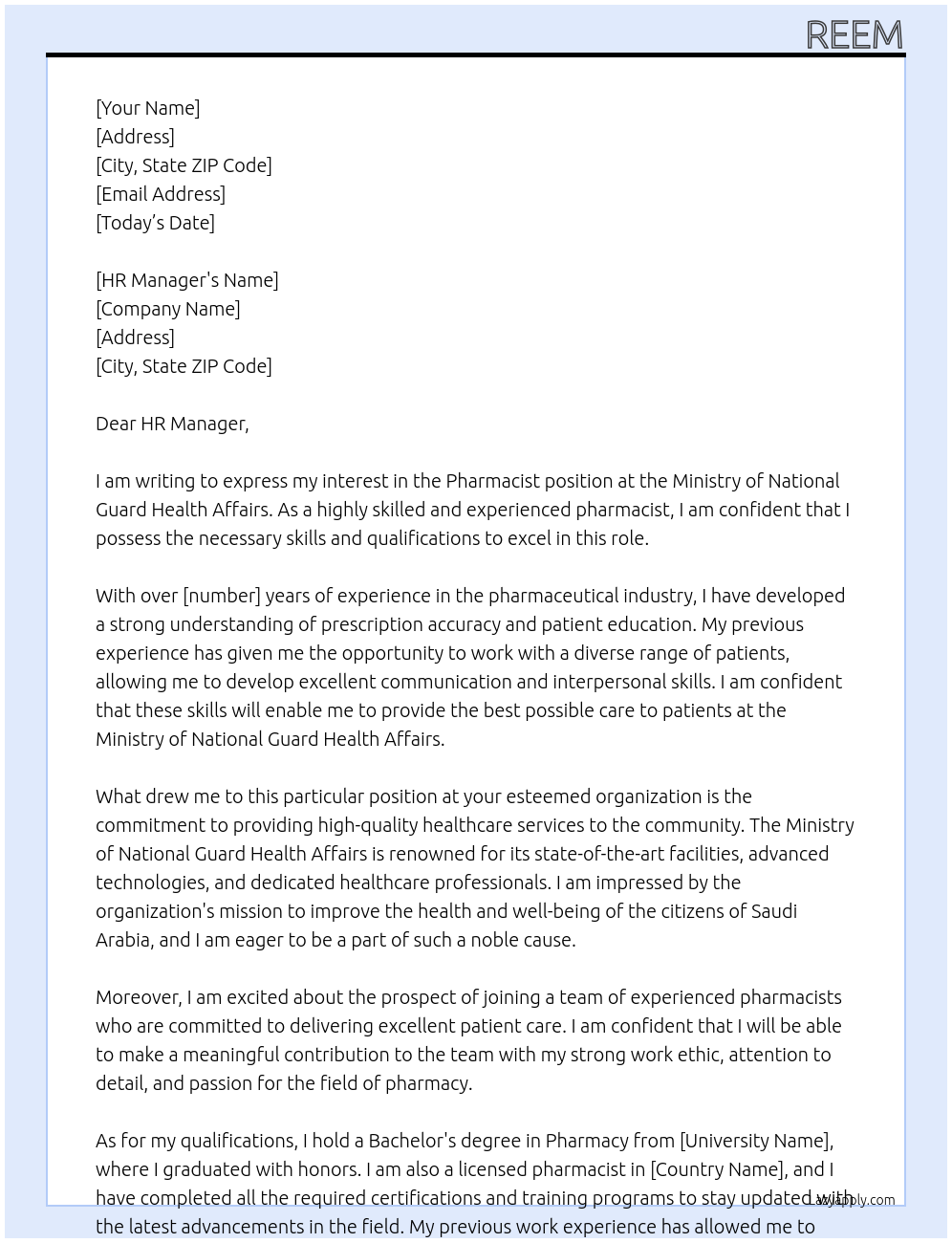 Pharmacist At Ministry of national Guard health affairs Cover Letter