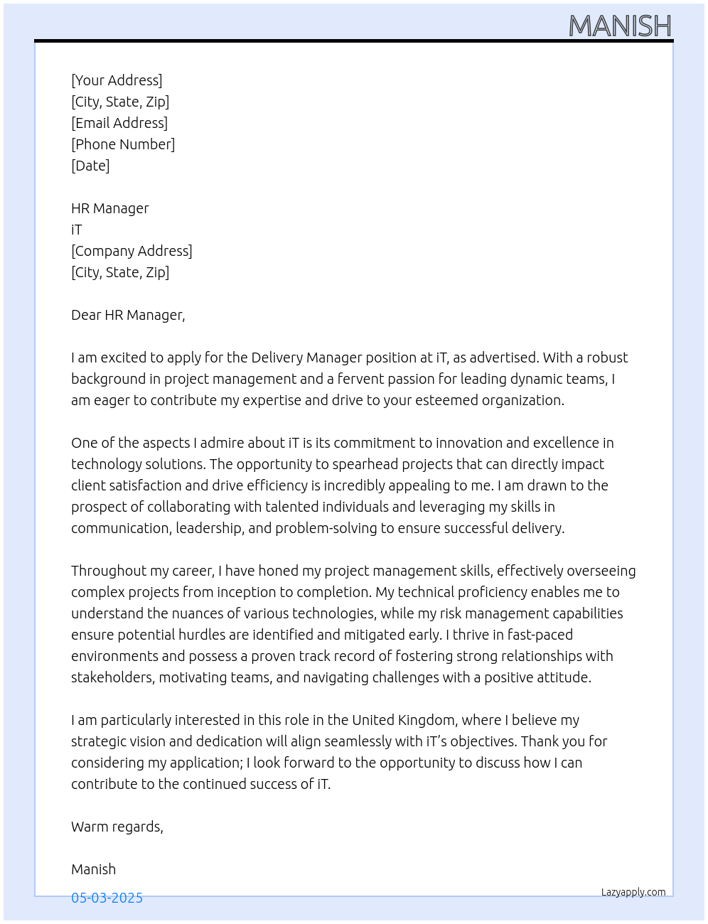 Delivery Manager  At iT Cover Letter