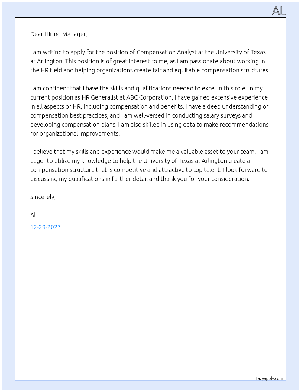 Compensation Analyst At University of Texas at Arlington Cover Letter