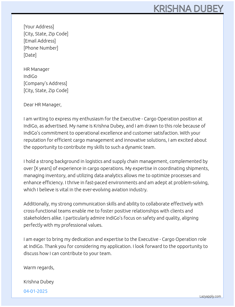 Cover letter for executive - cargo operation - LazyApply