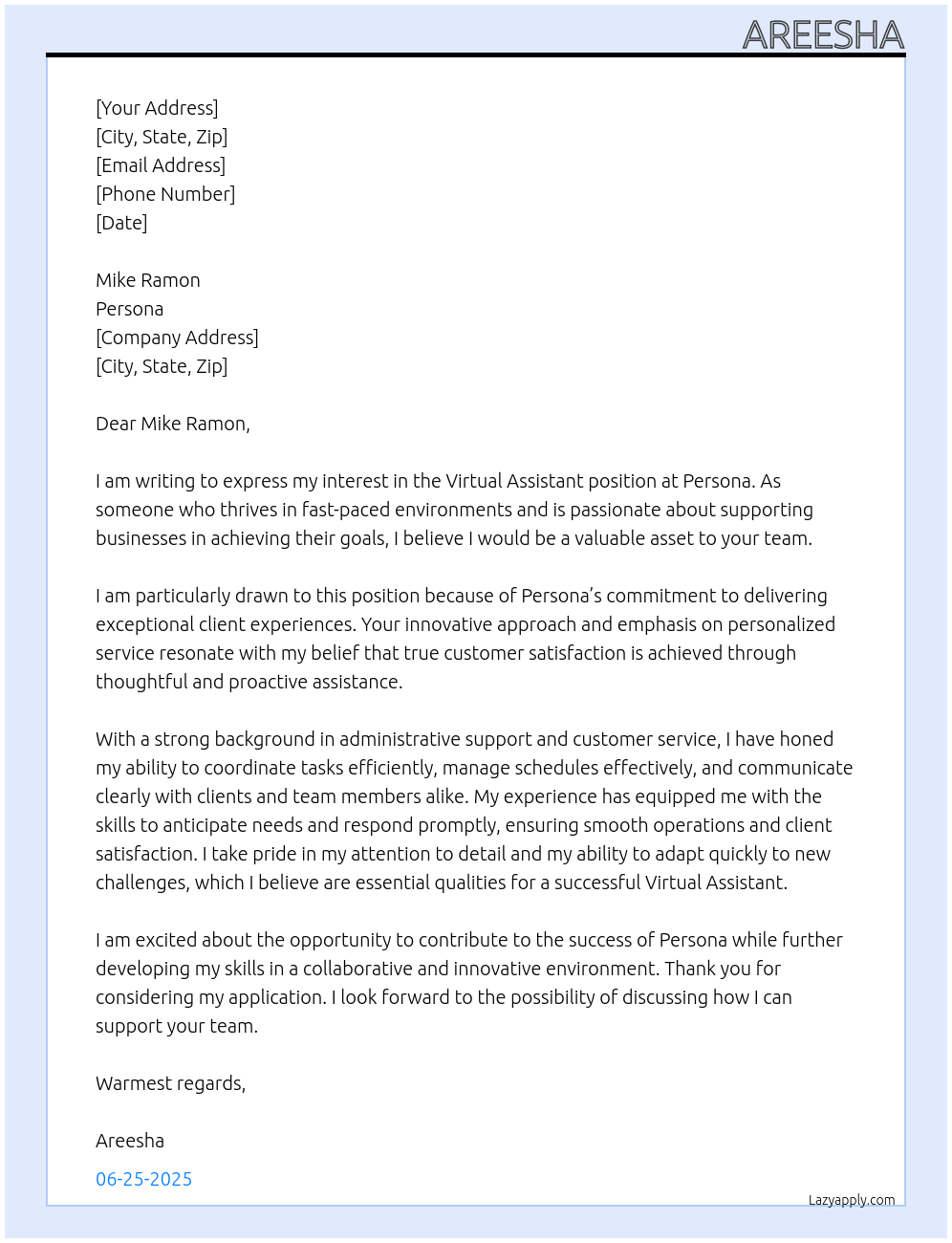 Virtual Assistant At Persona Cover Letter