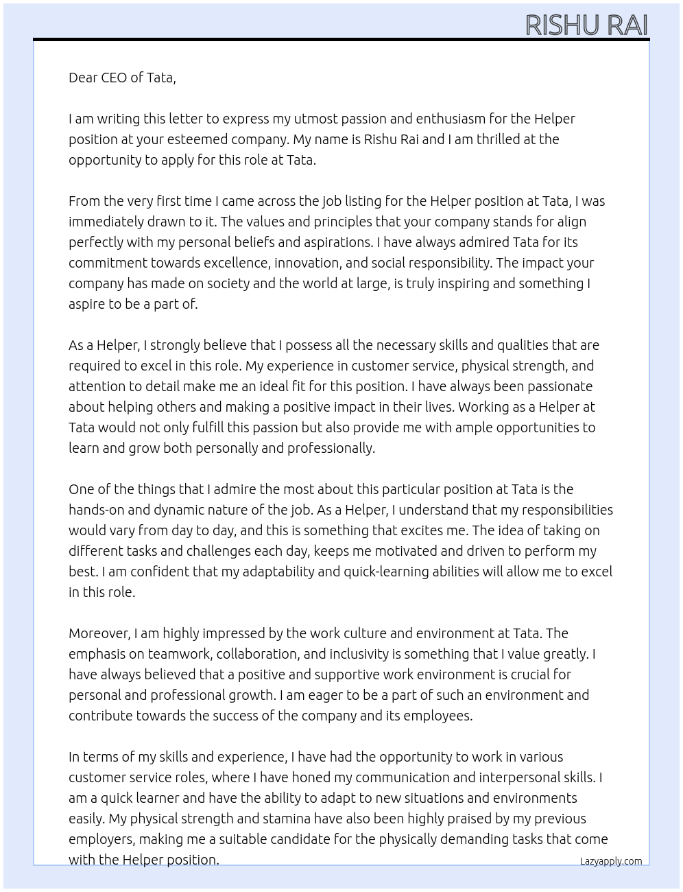 Helper At Tata  Cover Letter