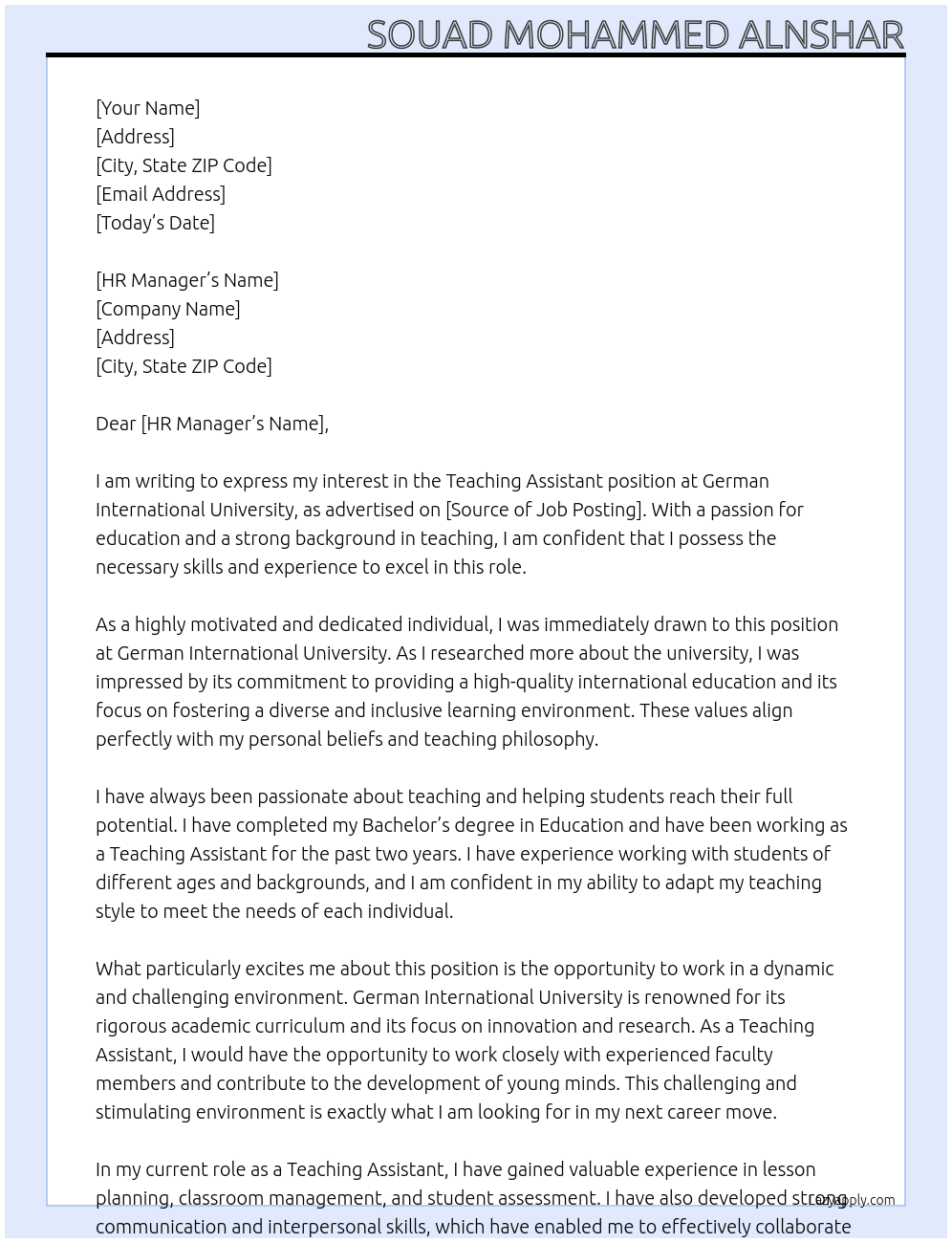 Teaching assistant At German International University Cover Letter