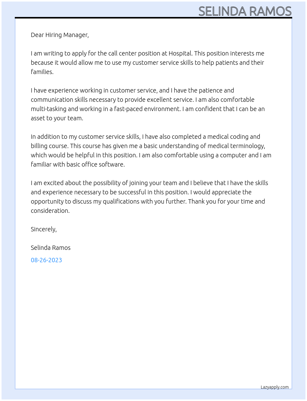 Call center At Hospital Cover Letter