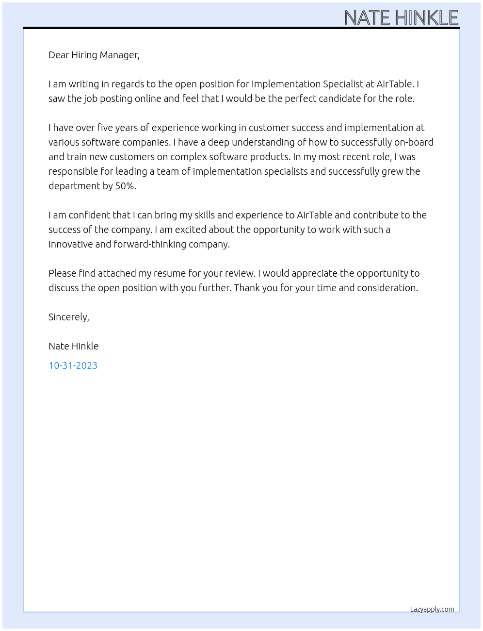 Implementation Specialist At AirTable Cover Letter