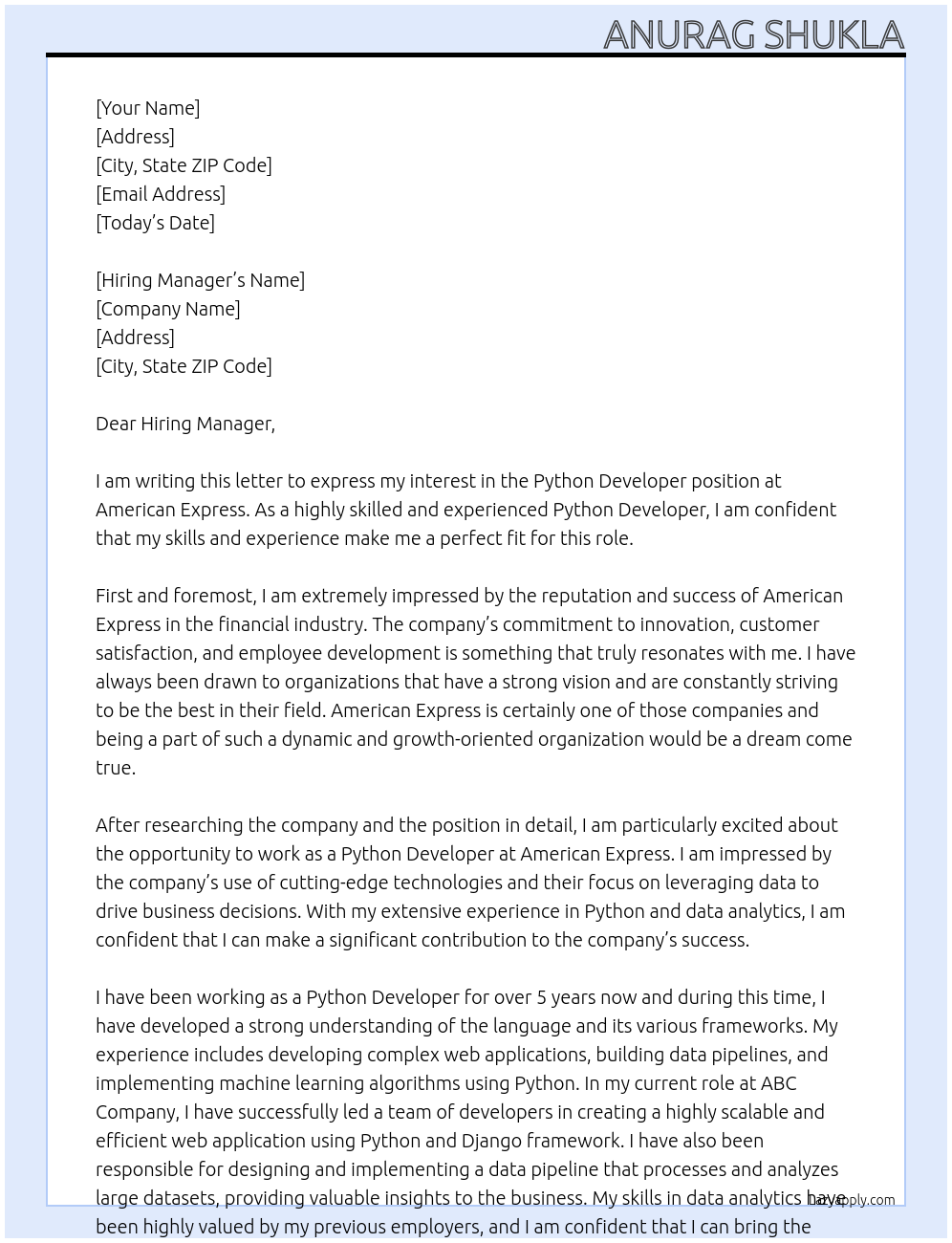 Python Developer At American Express Cover Letter