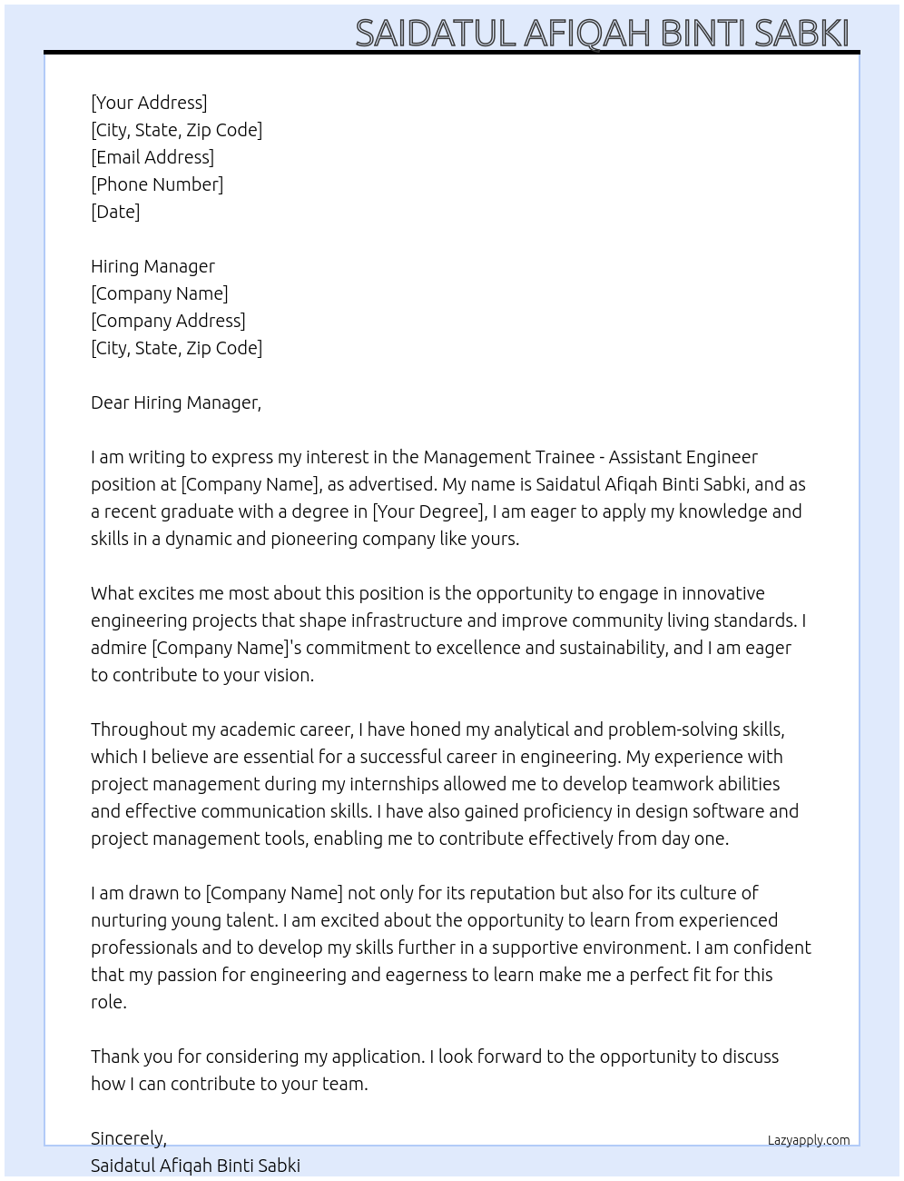 fresh graduate At management Trainee - Assistant Engineer Cover Letter