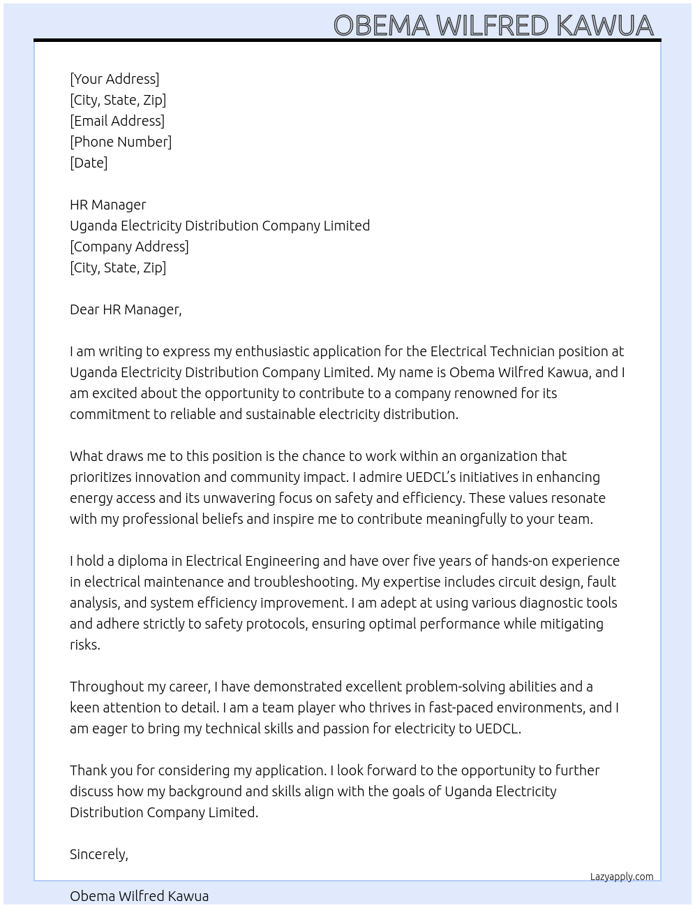 ELECTRICAL TECHNICIAN At Uganda Electricity Distribution Company Limited Cover Letter