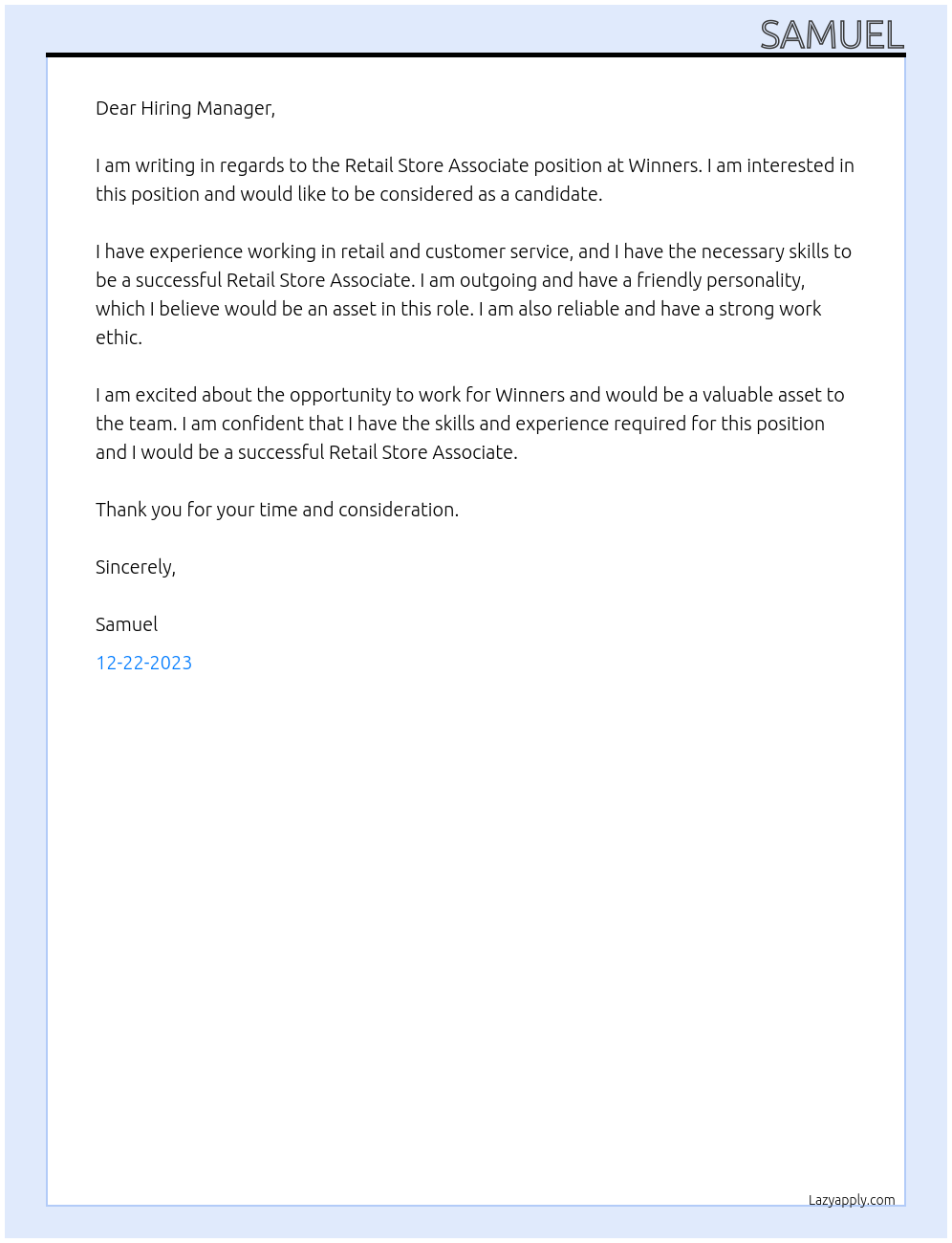 Retail Store Associate At Winners Cover Letter