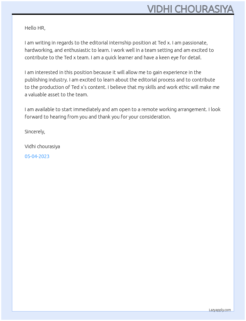 Cover letter for editorial intern - LazyApply