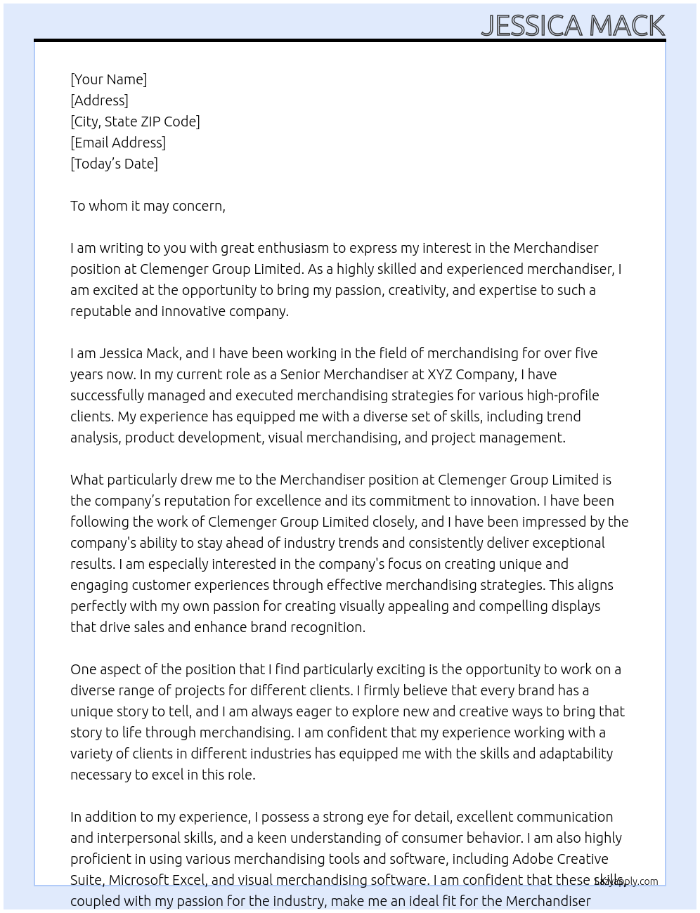 Merchandiser At Clemenger Group Limited Cover Letter