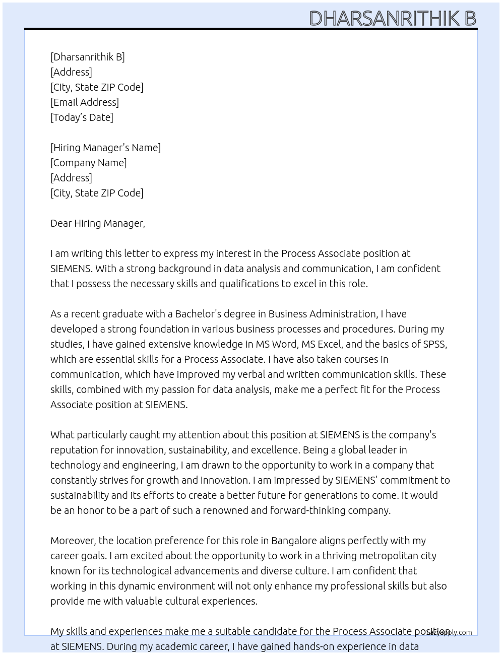 Process Associate At SIEMENS Cover Letter
