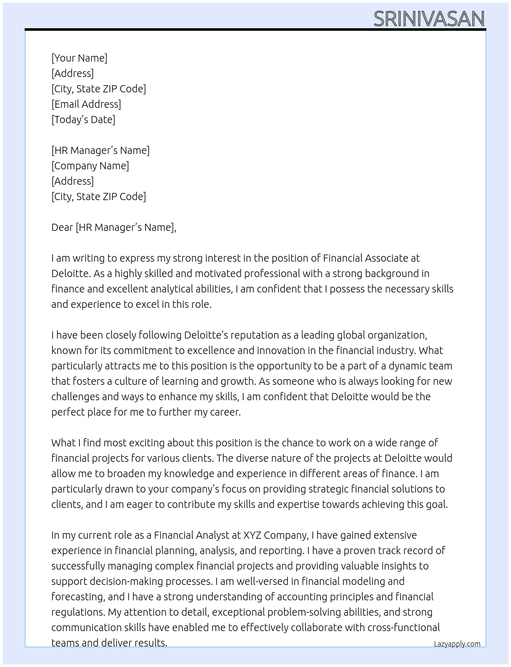 financial associate At deloitte Cover Letter