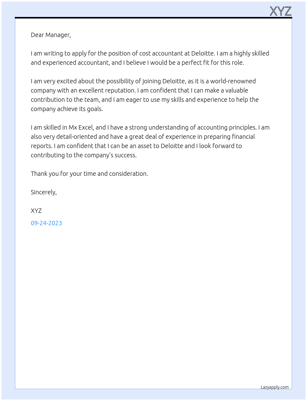 Cost accountant At Deloitte  Cover Letter