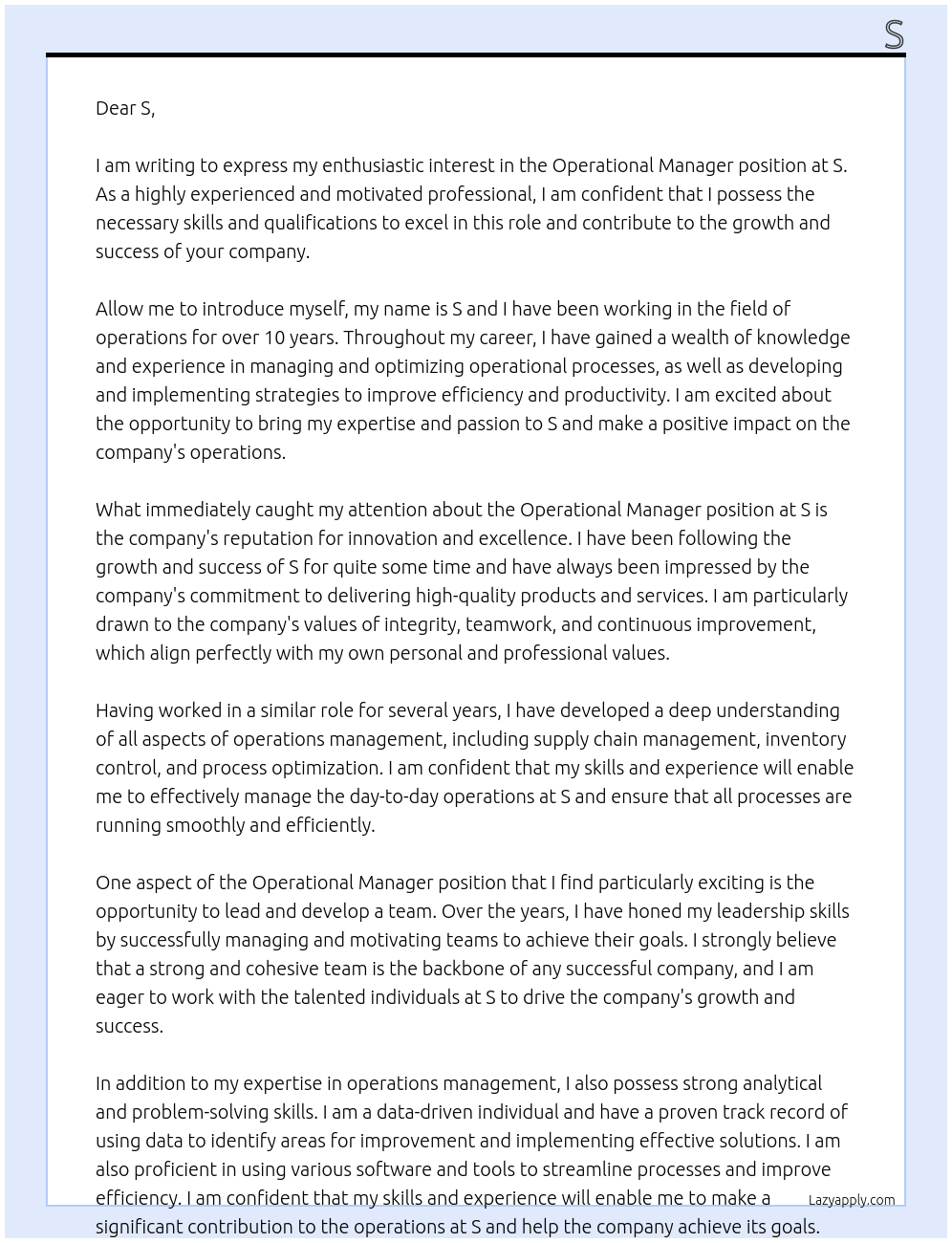 OPERATIONAL MANAGER At S Cover Letter