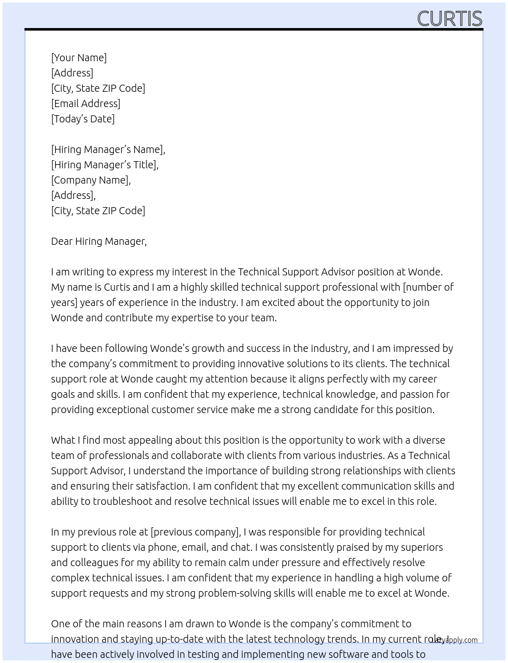 Technical Support Advisor At Wonde Cover Letter