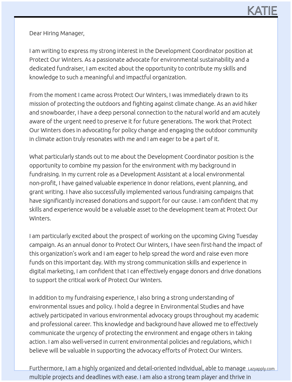 Development Coordinator At Protect Our Winters Cover Letter