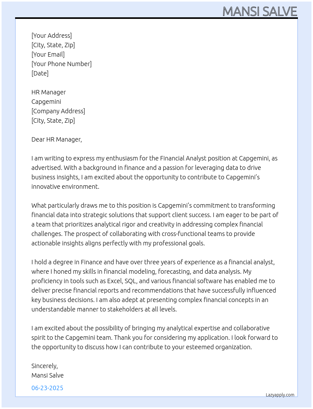 Financial analyst At Capgemini Cover Letter