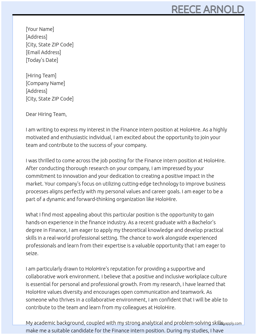 Finance intern At HoloHire Cover Letter