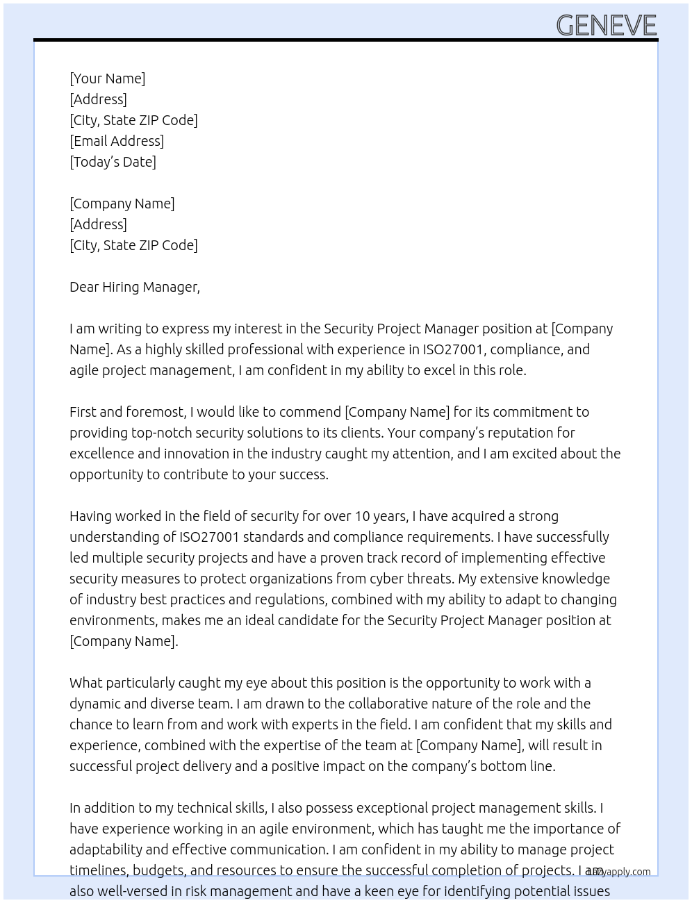 Security Project Manager At Company Cover Letter