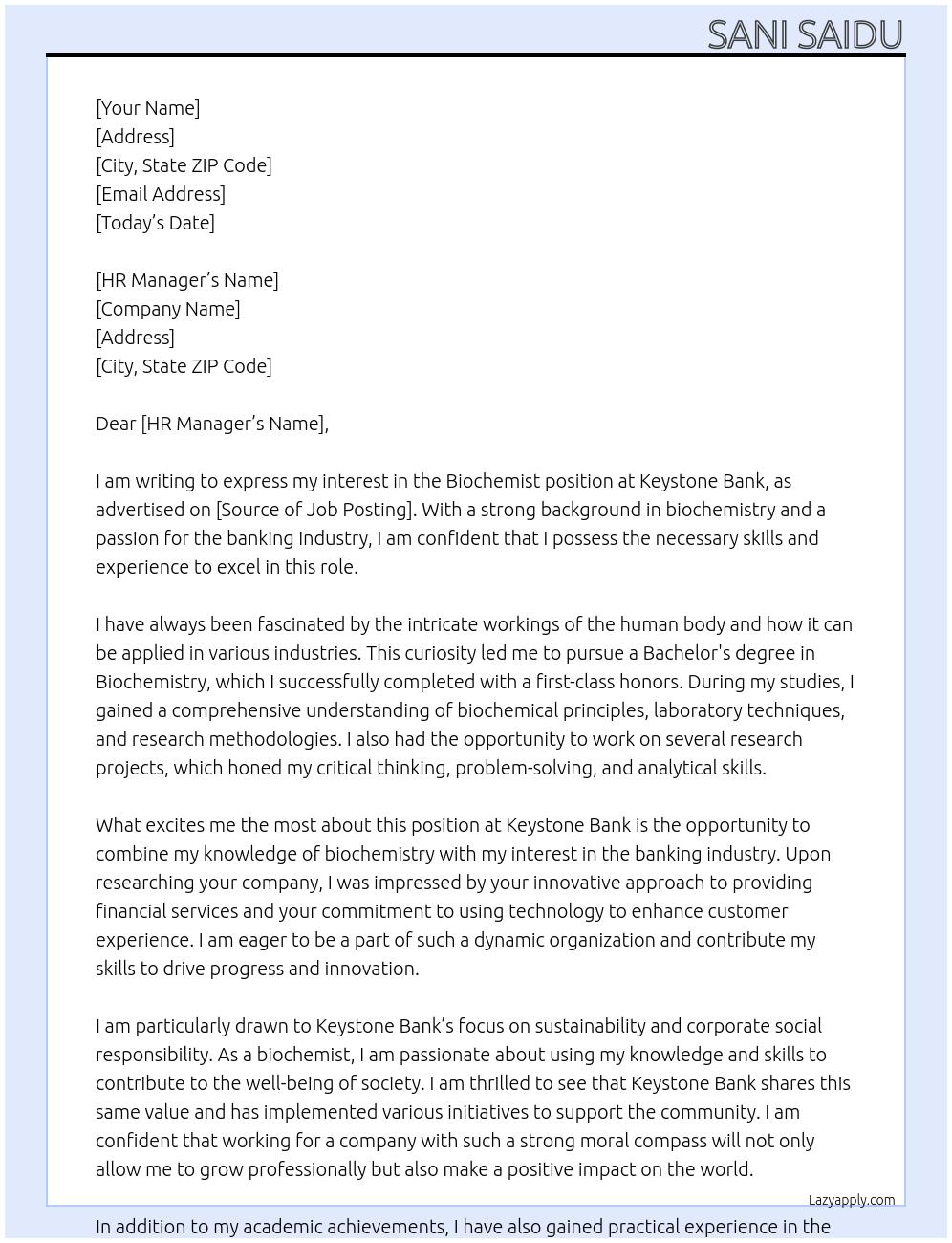 Biochemist At Keystone Bank Cover Letter