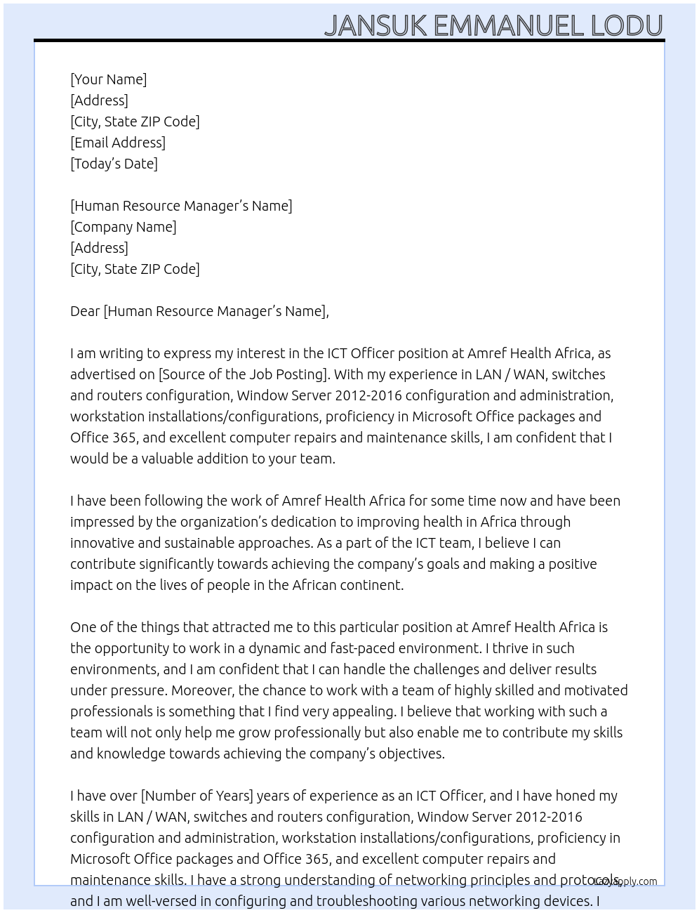 ICT Officer At amref health africa Cover Letter