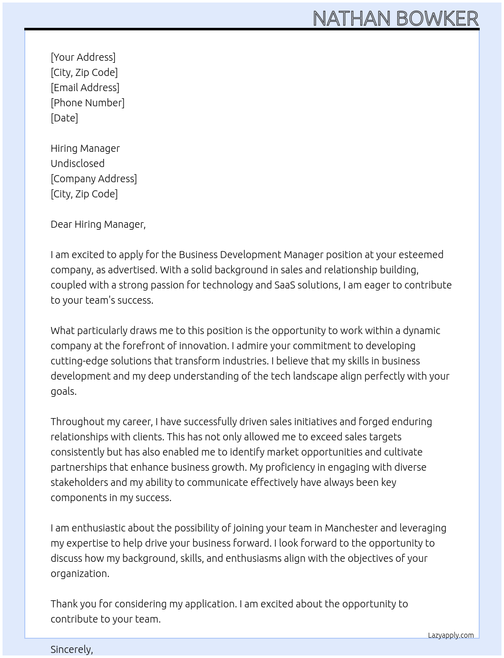 Business Development Manager At Undisclosed Cover Letter