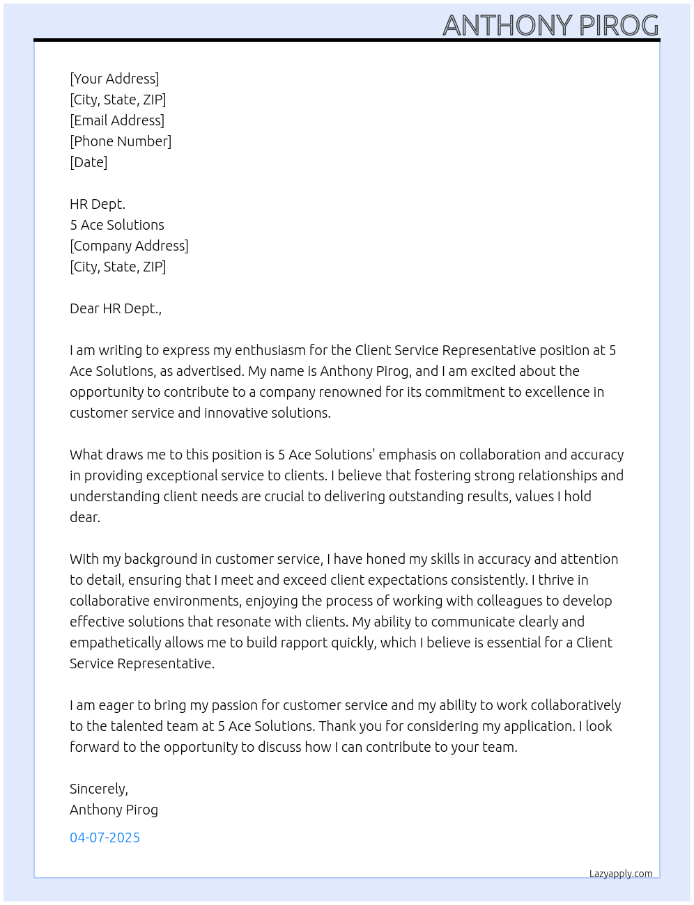 Client Service Representative At 5 Ace Solutions Cover Letter