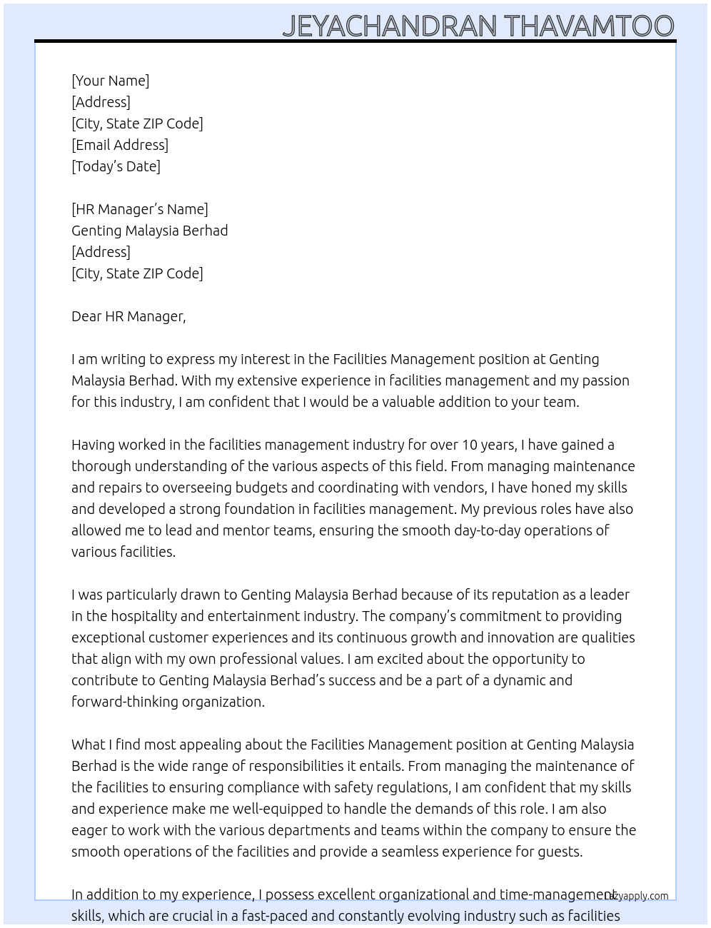Facilities Management At Genting Malaysia Berhad Cover Letter