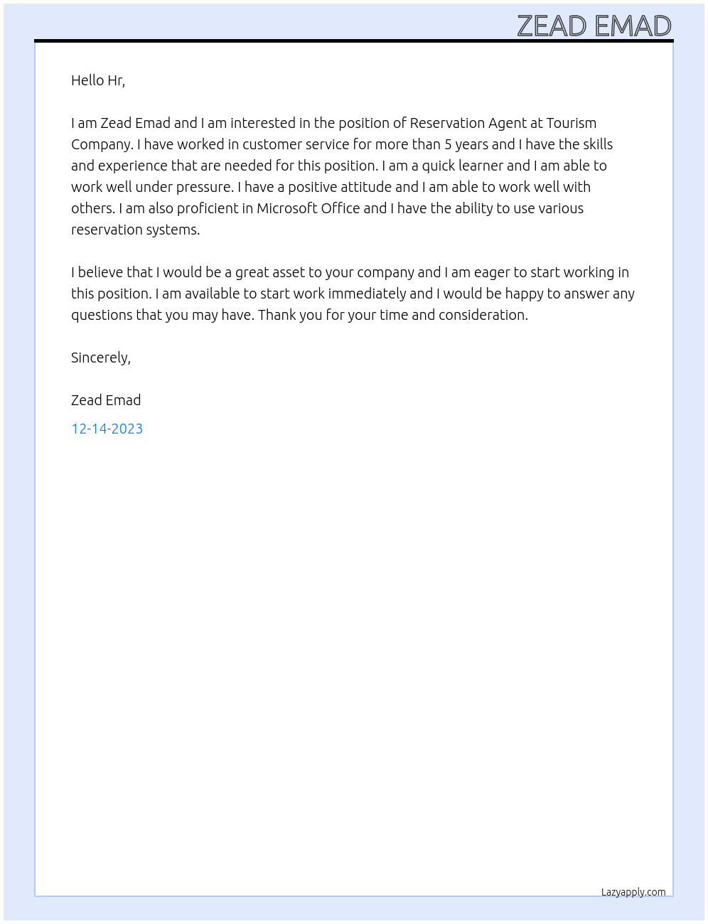 Reservation Agent  At Tourism Company  Cover Letter