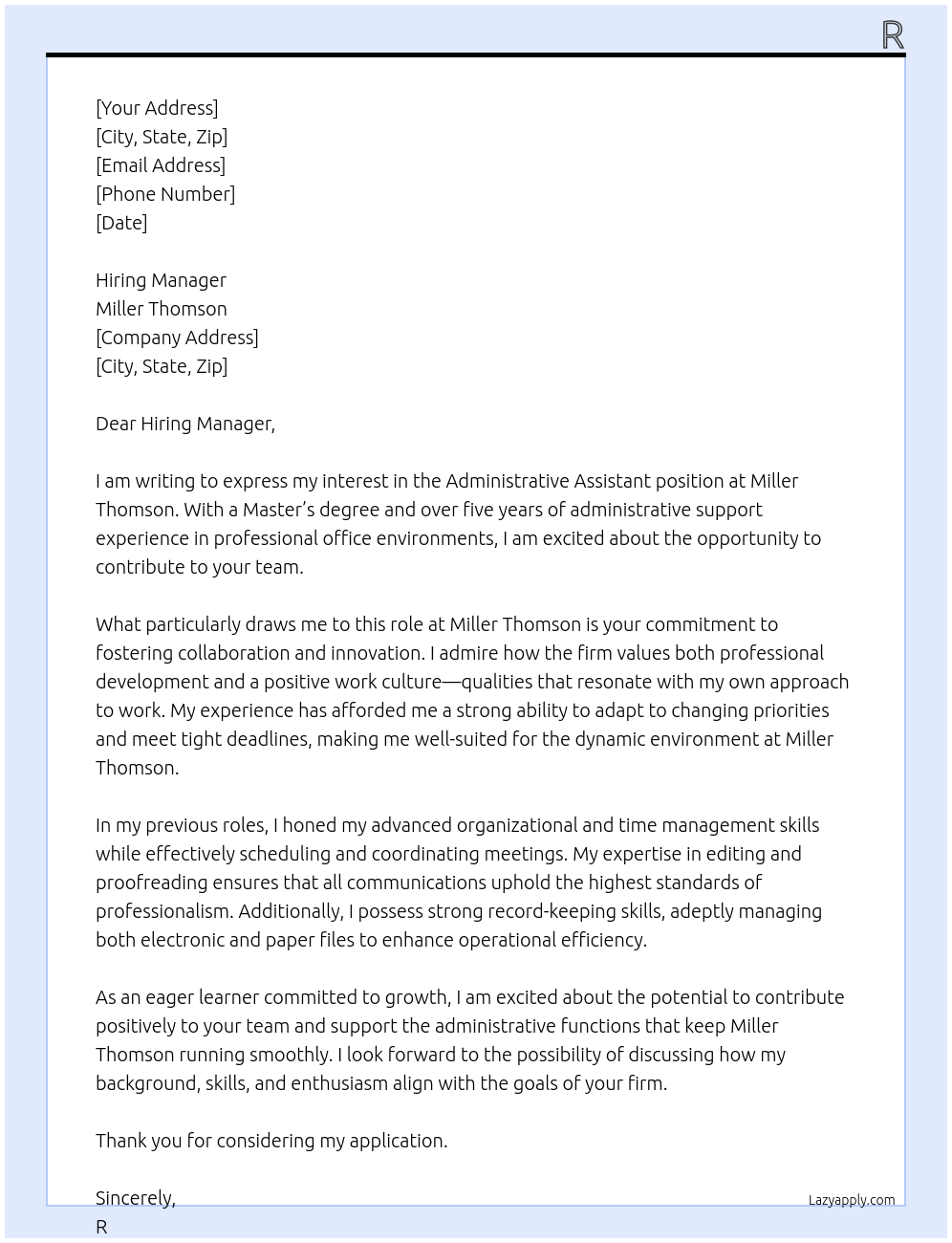 Administrative Assistant At Miller Thomson Cover Letter