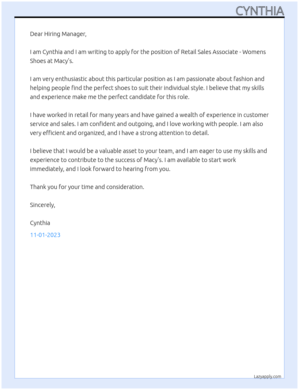 Retail Sales Associate - Womens Shoes At MAcy's Cover Letter