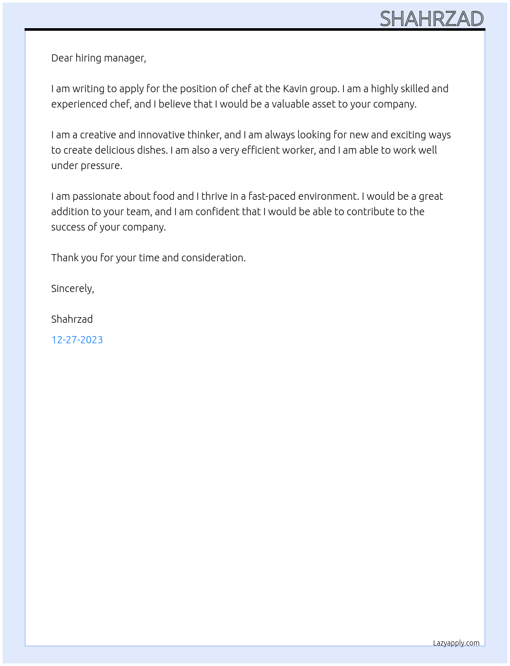 chef At Kavin group Cover Letter