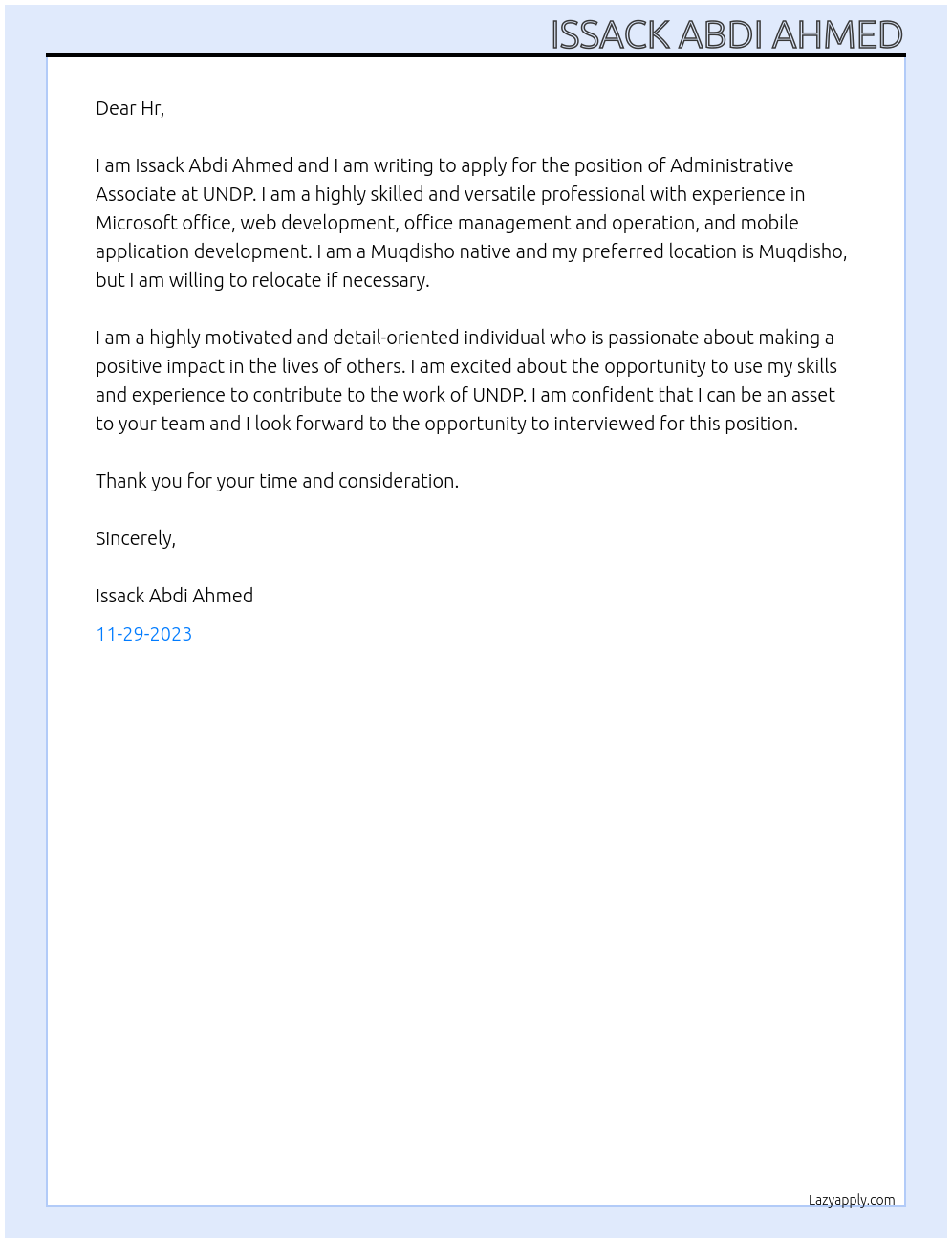 Administrative Associate At UNDP Cover Letter