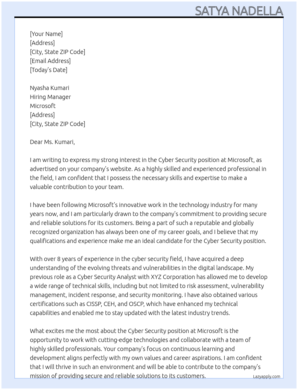 cyber security At microsoft Cover Letter