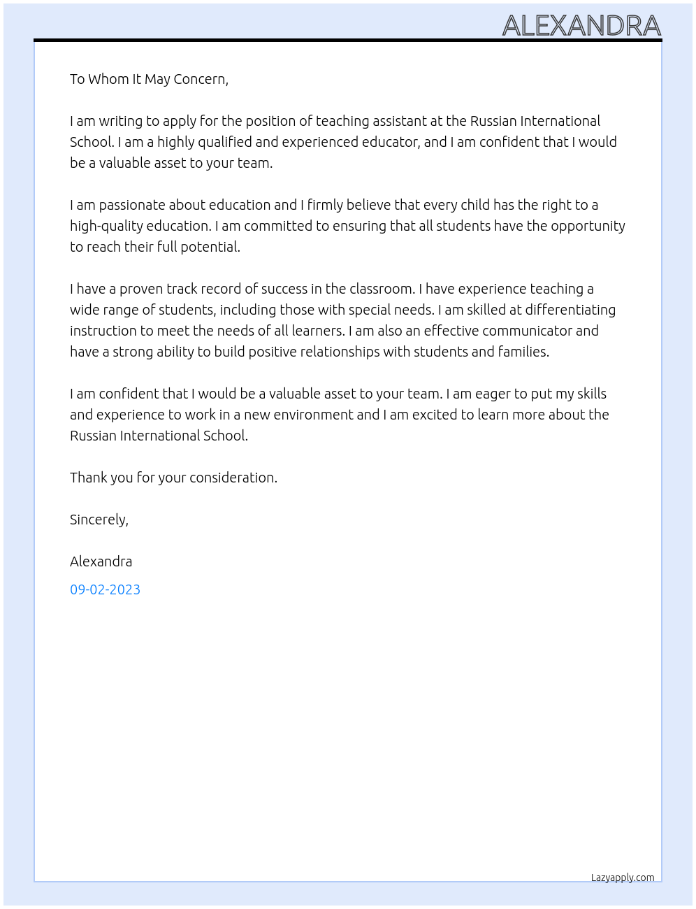 Teaching assistant At Russian International School Cover Letter