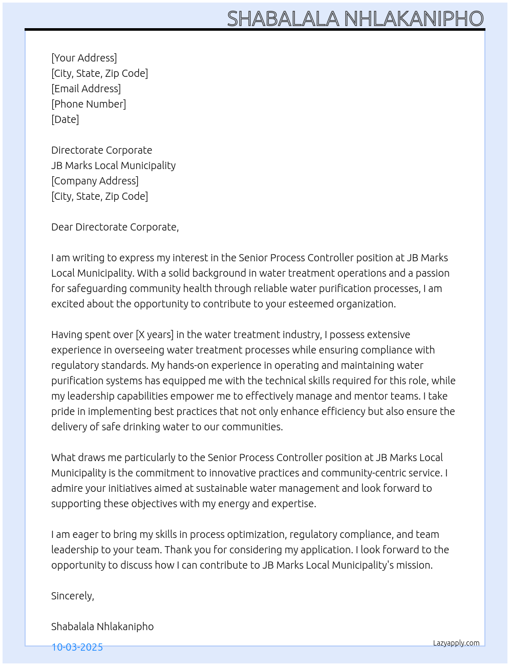 Senior Process Controller: Water Purification Plant At JB Marks Local Municipality Cover Letter