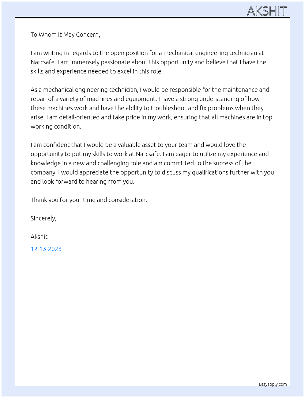 Mechanical engineering technician  At Narcsafe  Cover Letter