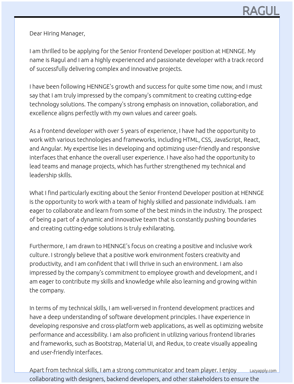 Senior Frontend Developer At HENNGE Cover Letter