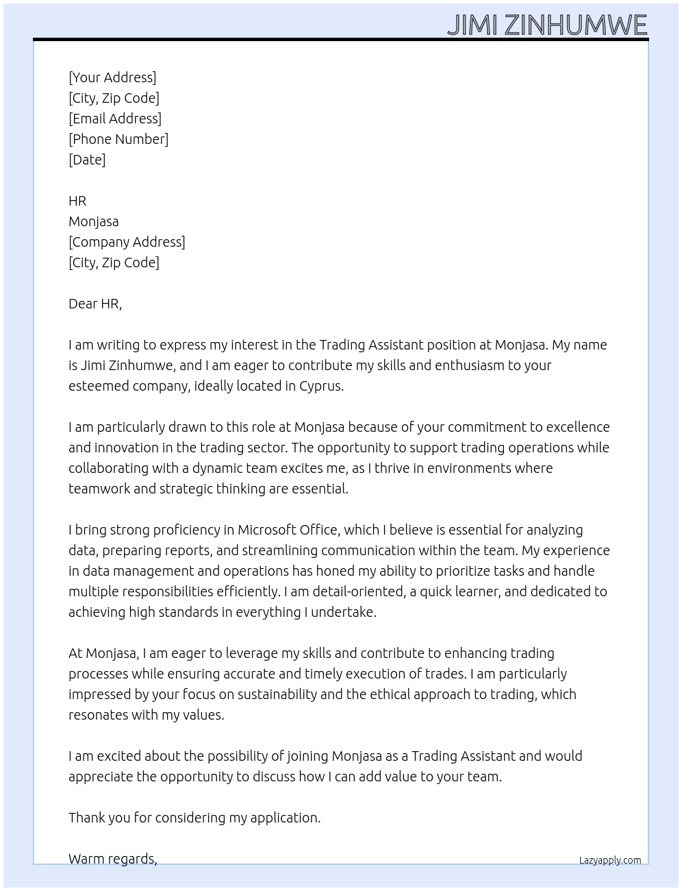 Cover letter for trading assistant - LazyApply