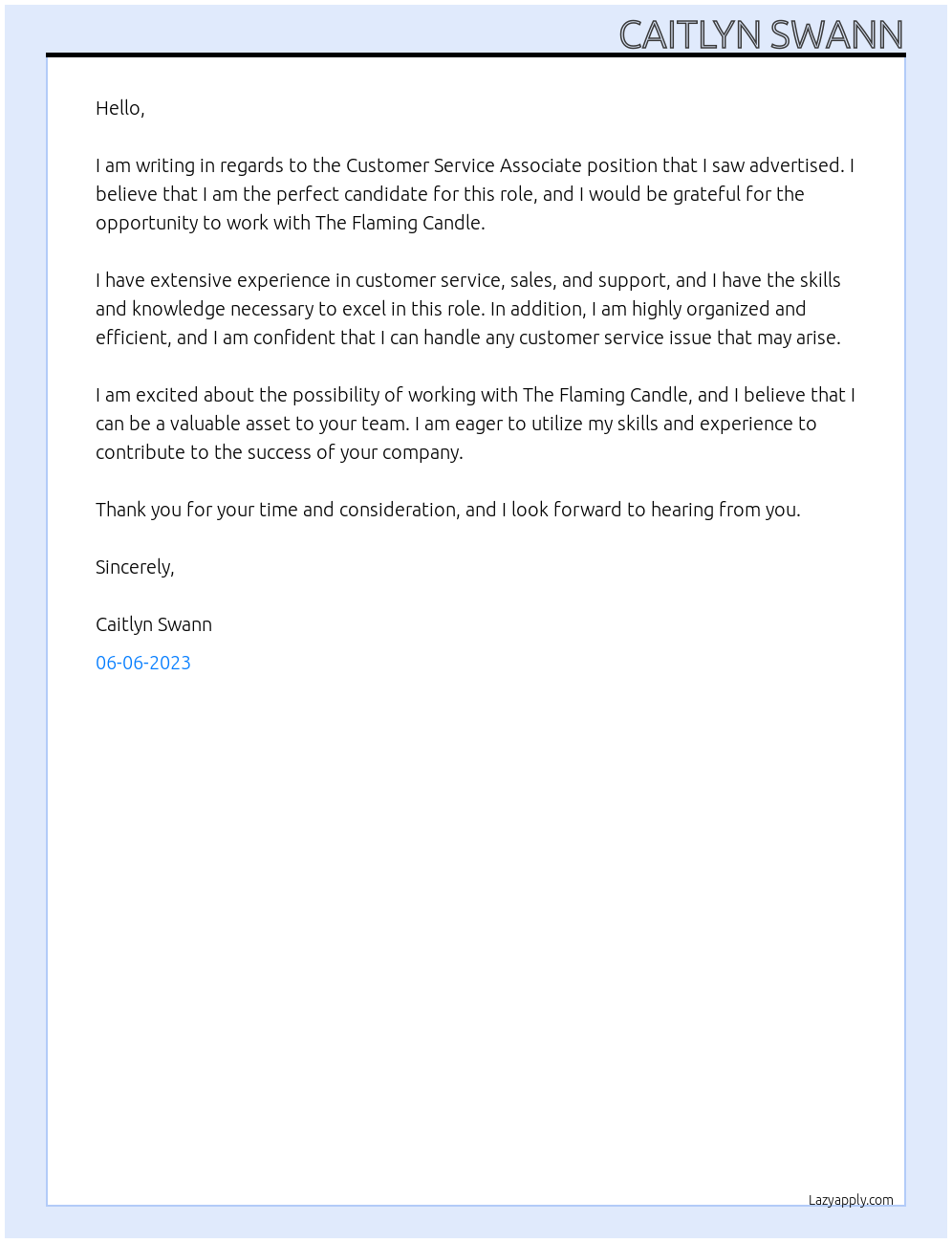 Customer Service Associate At The Flaming Candle Cover Letter