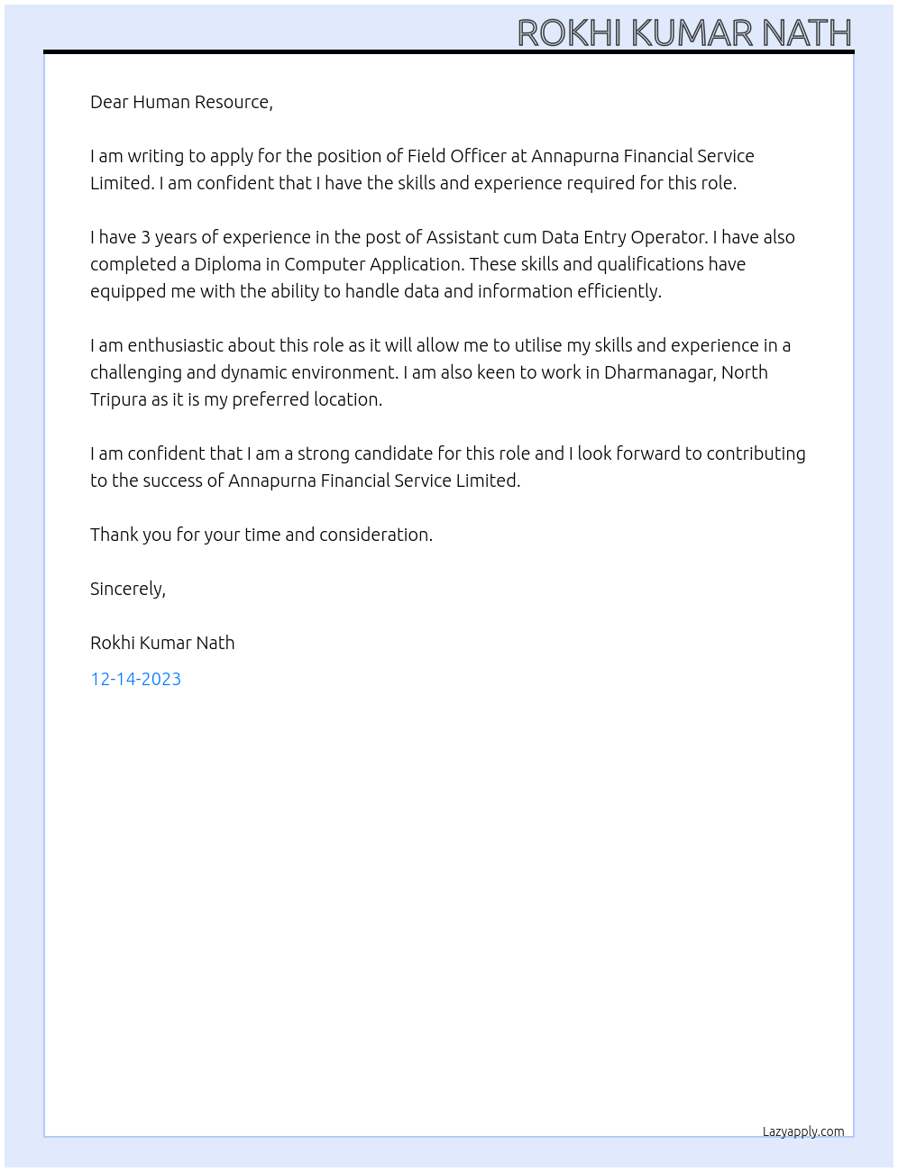 Field Officer At Annapurna Financial Service Limited Cover Letter