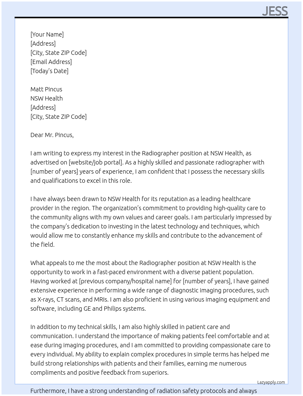 Radiographer At NSW Health Cover Letter