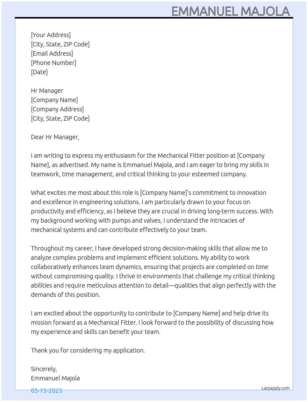 Mechanical Fitter At Hiring manager Cover Letter