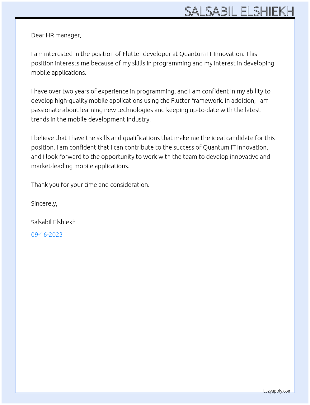 Flutter developer At Quantum IT Innovation Cover Letter